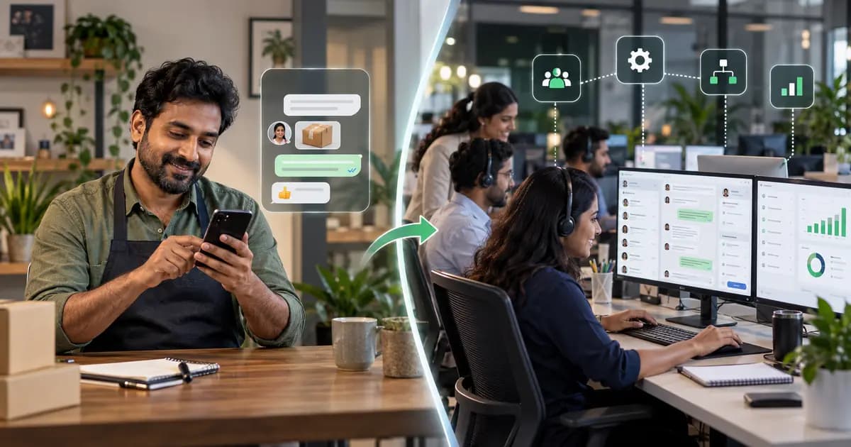 Comparison of a solo business owner using WhatsApp Business App and a team using the WhatsApp Business Platform