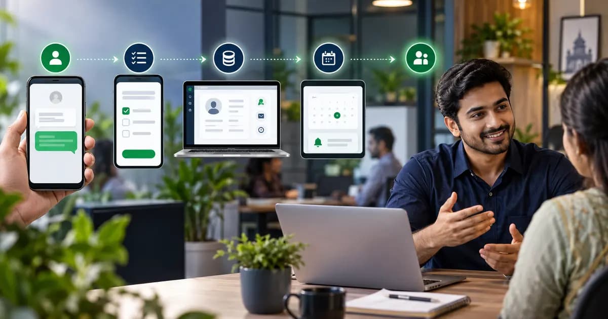 WhatsApp lead moving through automated qualification, CRM, scheduling and human sales handoff