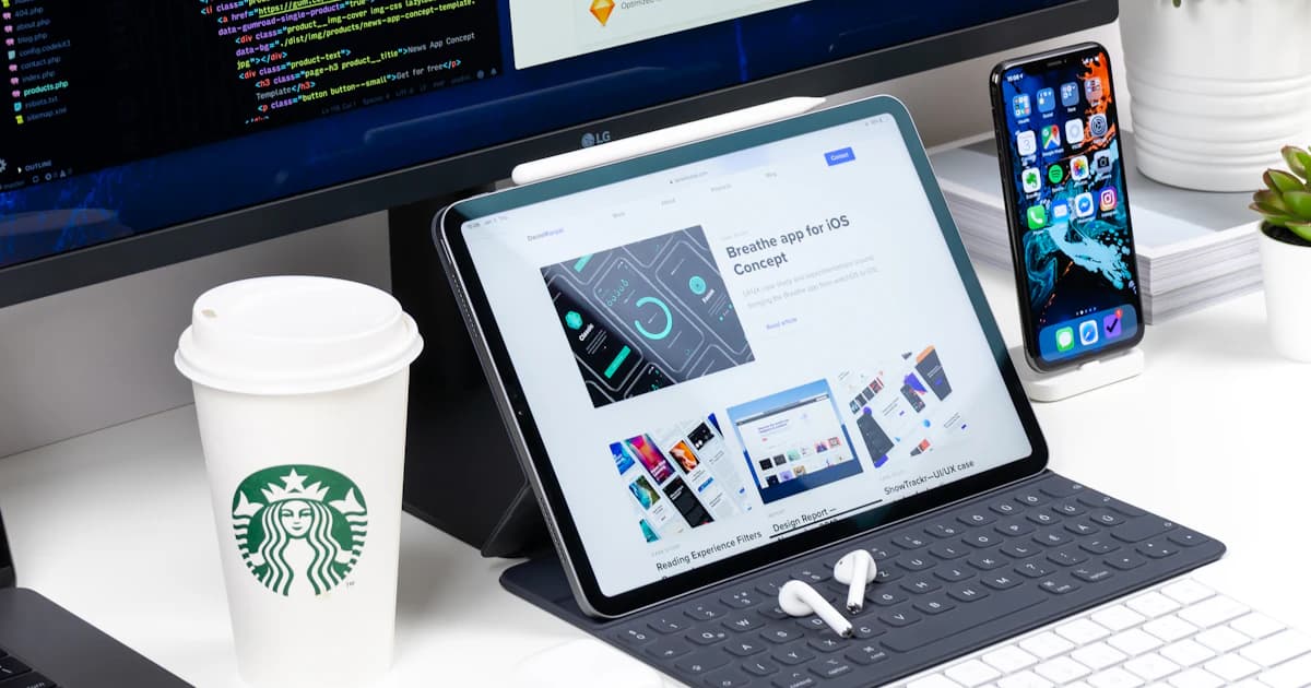 Web designer workspace with landing page designs on a desktop monitor, tablet and smartphone