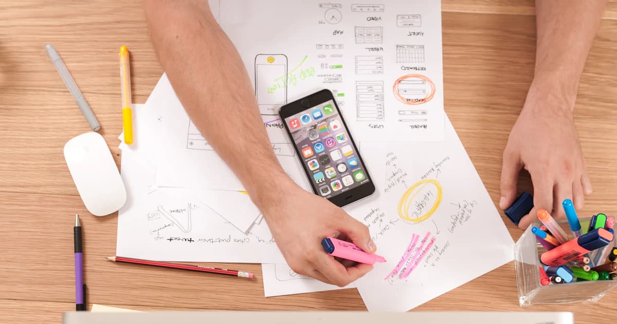 App designers sketching mobile app wireframes and user flows on paper beside a smartphone