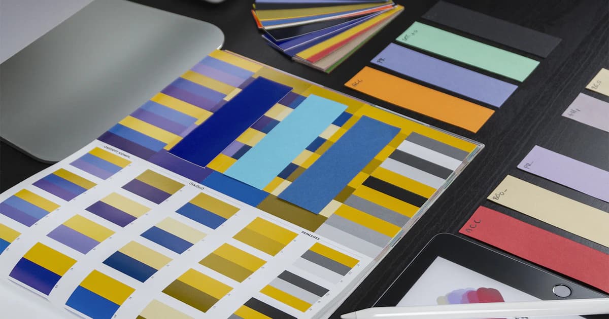 Brand designer workspace with colour swatch books, palette cards and a tablet showing logo sketches